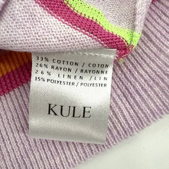 KULE Fine Knit Short Sleeve Top Lavender W/Stripes Linen Blend Size LARGE Preppy - Picture 6 of 9